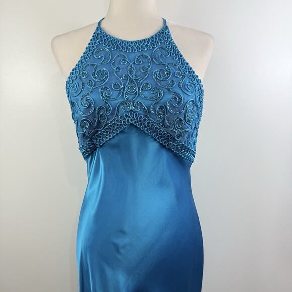 Vintage Morgan And Co Blue Satin Maxi Formal Dress 9/10 Open Back Prom Y2K 90s - Picture 3 of 16